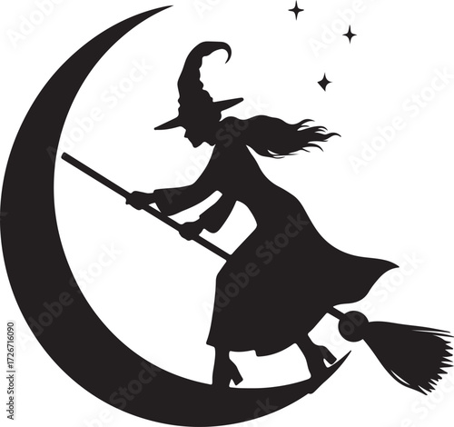 Witch flying on crescent moon black clipart silhouette, flat vector illustration