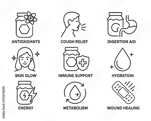 Health benefits icons: antioxidants, immune support, digestion aid, hydration, energy, wound healing