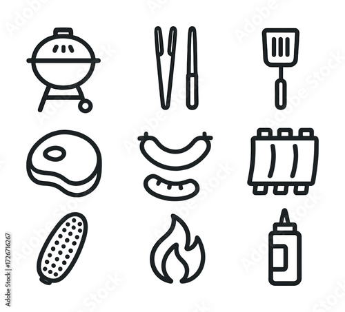 Barbecue grill tools and food line icons set: steak, sausage, corn, ribs, sauce bottle