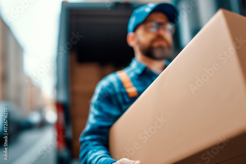 Close-Up of a Bearded Delivery Man Carrying a Large Cardboard Box from a Truck
