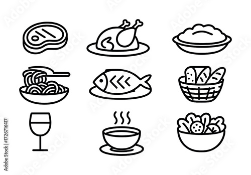 Variety of food icons including meat, fish, pasta, bread, and beverages
