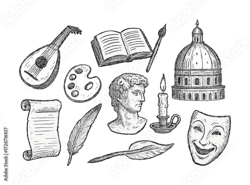 Renaissance artifacts sketch: instruments, sculpture, architecture, and theater mask