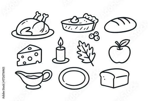 Thanksgiving meal icons set: turkey, pie, bread, cheese, candle, and more