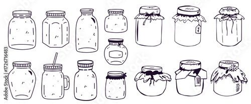 Vector set of hand drawn empty jars and bottles vintage