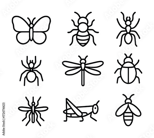 Set of nine insect icons including butterfly, ant, dragonfly, mosquito, grasshopper, and bee