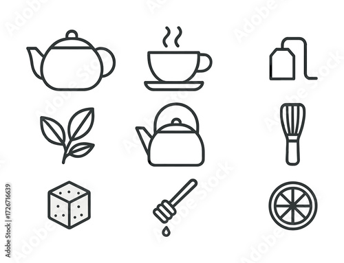 Tea essentials icons: teapot, teacup, tea bag, leaves, whisk, sugar cube, honey, lemon slice