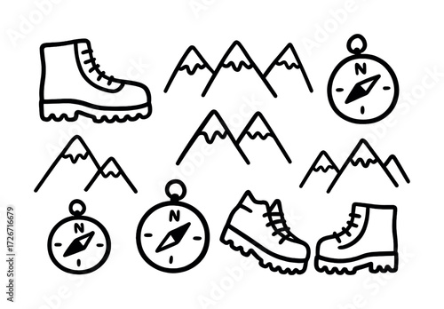Outdoor adventure icons: compass, boots, mountain drawings for hiking enthusiasts