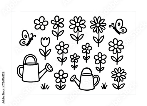 Coloring page with flowers, watering cans, and butterflies for kids