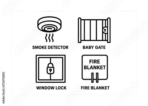 Home safety icons: smoke detector, baby gate, window lock, fire blanket