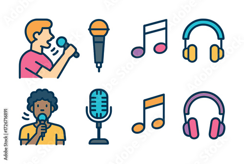 Cartoon icons of male singers and musical elements including microphones and headphones