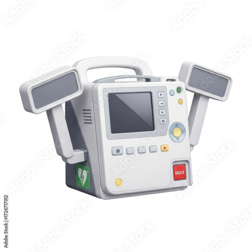Defibrillator with paddles, medical device for cardiac arrest treatment, white background.