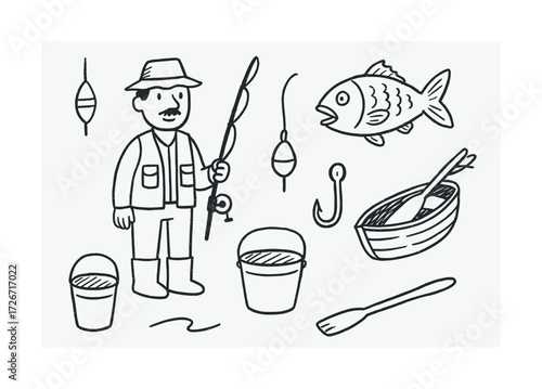 Cartoon male fisherman with fishing gear and fish doodles