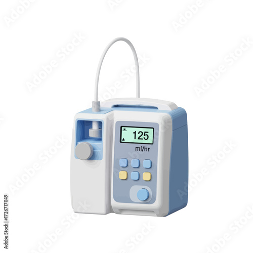 A portable medical infusion pump with a digital display and control buttons, designed for administering fluids at a controlled rate.