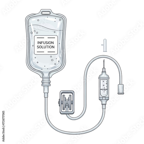 Medical intravenous infusion solution bag with drip chamber and needle for hospital treatment and patient care.