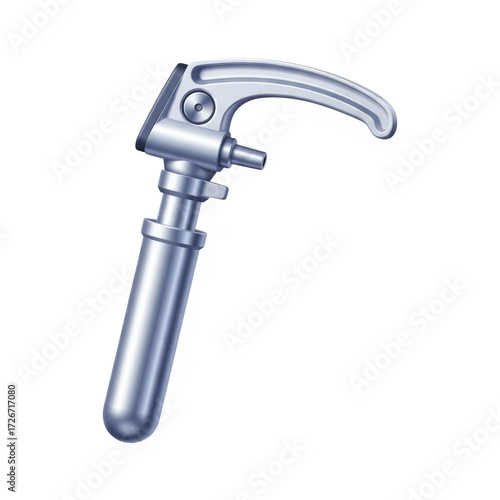 A detailed illustration of a metallic medical instrument, likely a laryngoscope handle, with a curved lever and cylindrical base.