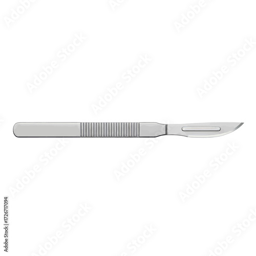A stainless steel surgical scalpel with a textured handle and sharp blade, isolated on a plain white background.