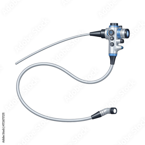 A detailed illustration of a medical endoscope with a flexible tube, control unit, and connector, used for internal examination.