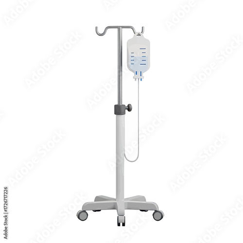 Medical intravenous drip stand with a bag of saline solution hanging from it.