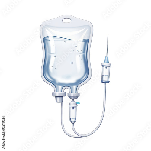 A realistic illustration of a medical intravenous drip bag filled with clear saline solution, complete with tubing and a needle.