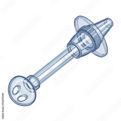 Transparent medical device illustration, possibly a nasal aspirator or fluid delivery component, with conical tip and perforated base.