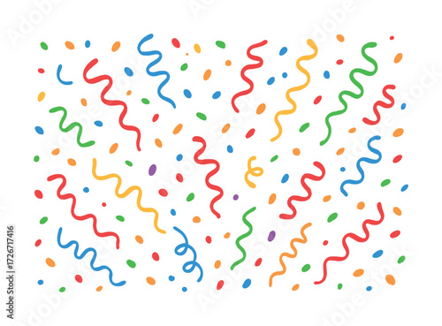 Colorful confetti and streamers pattern on white background