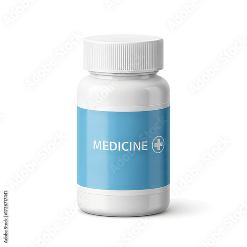 A white plastic medicine bottle with a blue label that says "MEDICINE" and a white cross symbol, isolated on a white background.