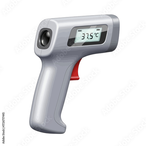 A gray non-contact infrared thermometer displaying a temperature of 37.5 degrees Celsius on its digital screen.