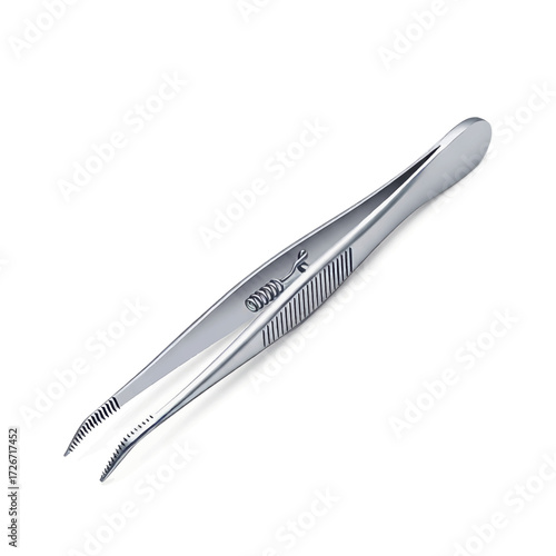 Close-up shot of a surgical instrument, angled tweezers, isolated on a white background.