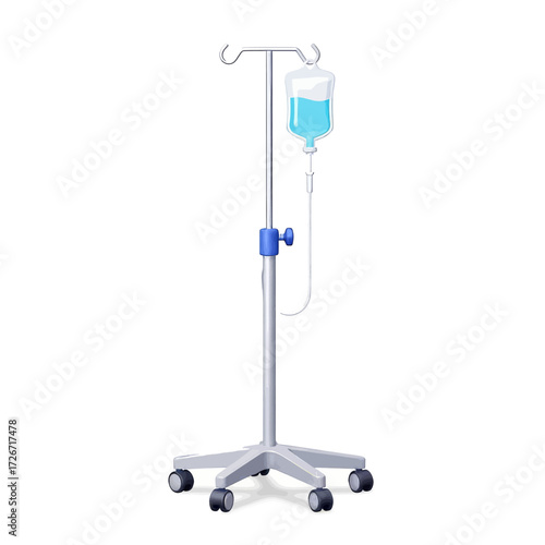 Illustration of an IV drip stand with a bag of blue liquid.