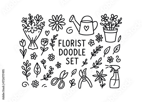 Floral doodles set with flowers, tools, and watering can illustrations