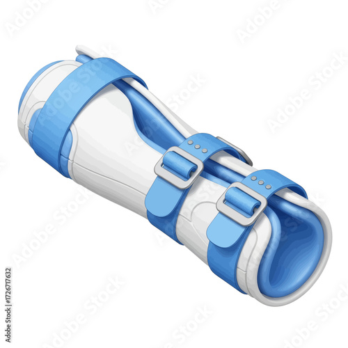 Isometric view of a wrist brace, featuring light blue straps and a white support structure.