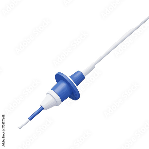 A sterile medical insemination or embryo transfer catheter with a blue adjustable guide, isolated on a white background.