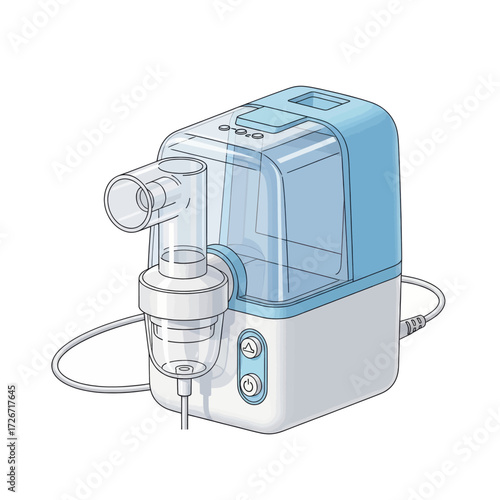 Illustration of a medical nebulizer machine used for respiratory therapy, showing its components and power cord.