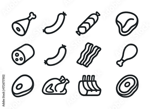Collection of meat icons: sausage, steak, bacon, and poultry illustrations