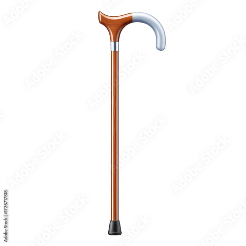 A detailed illustration of a brown and silver walking cane, designed for support and stability.