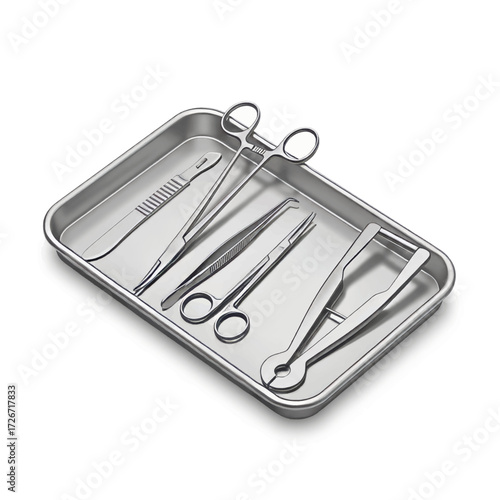 A sterile stainless steel medical tray filled with various surgical instruments on a white background.