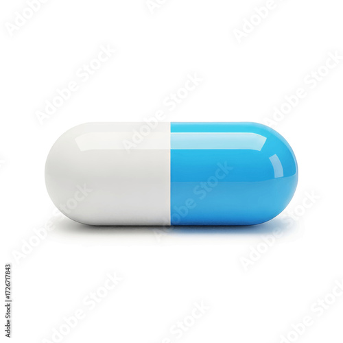 A single blue and white pharmaceutical capsule pill isolated on a clean white background with a soft shadow.