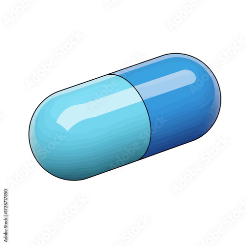A single, elongated, two-toned blue capsule, likely a pharmaceutical medication, presented in a realistic, three-dimensional illustration against a plain white background.