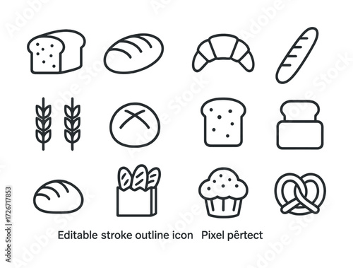Outline icons of bread, croissant, muffin, pretzel, and wheat
