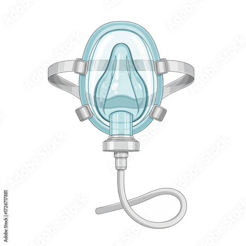 Illustration of a transparent medical oxygen mask with straps and a connecting tube for respiratory support.