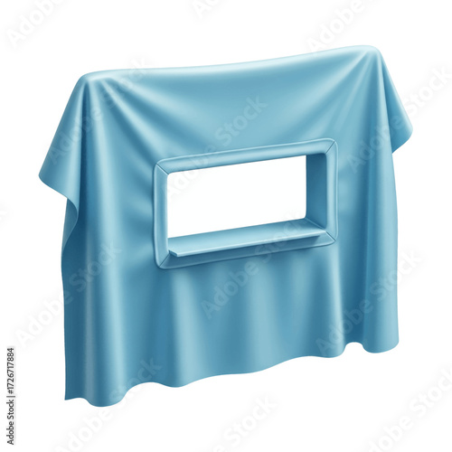 Light blue cloth draped over a rectangular frame with a window.