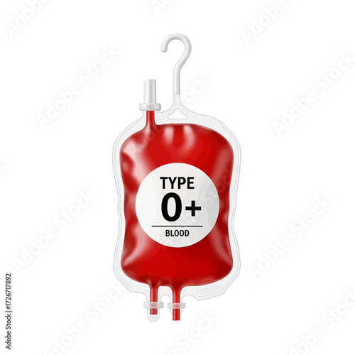 Realistic illustration of a blood bag with the label indicating blood type O positive.