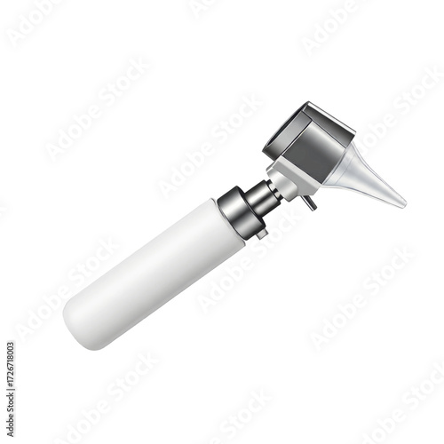 Medical otoscope, a device for examining the ear canal and eardrum, with a white handle and a metal head.