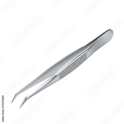 A pair of stainless steel tweezers with fine, angled tips and a serrated grip, isolated on a clean white background.