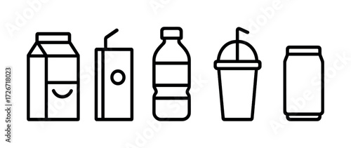Outline icons of drink containers: carton, juice box, bottle, cup, can
