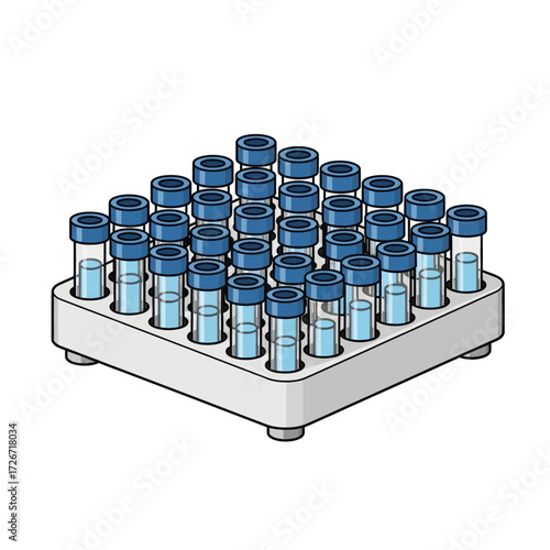 Illustration of a rack filled with vials, each capped with a blue lid.