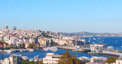 Sunny Day view of Camila Tower, Bosphorus, Galata Tower, Golden Horn Istanbul, Turkey, Turkiye
