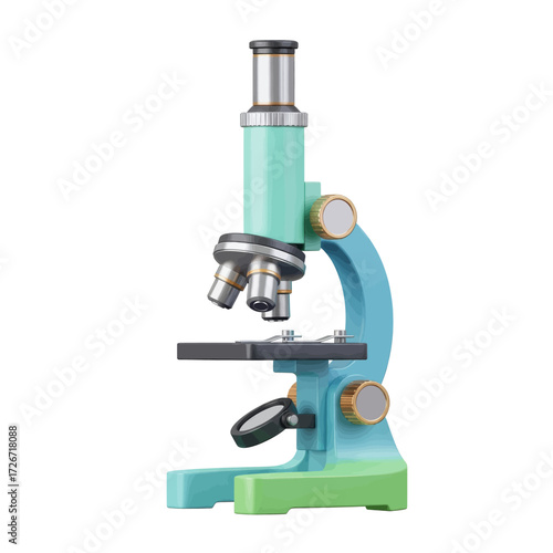 A colorful children's educational microscope with mint green, blue, and lime green parts, isolated on a clean white background.
