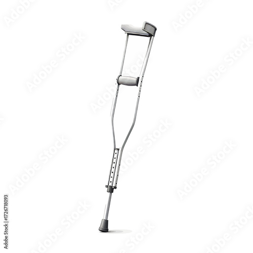 A detailed, realistic, and isolated image of a single aluminum crutch, designed for mobility support.
