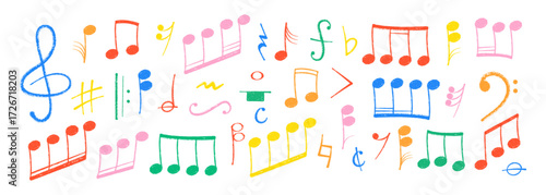 Crayon pastel or chalk music note signs doodle hand drawn symbol shapes set. Chalkboard textured musical symbols treble, bass clefs, pauses doodle collection.